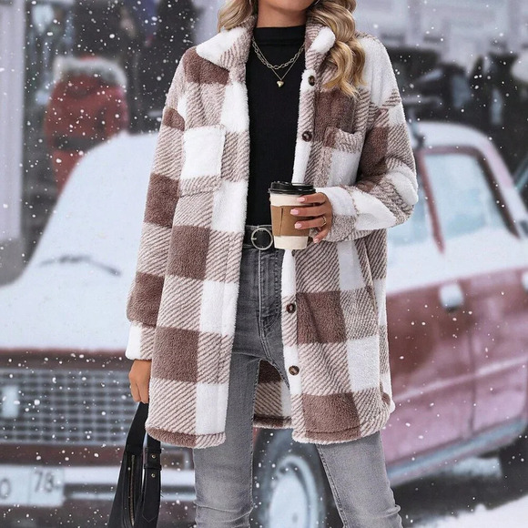 Multicolor Casual Women's Buffalo Plaid Pattern Drop Shoulder Teddy Coat - Picture 4 of 4